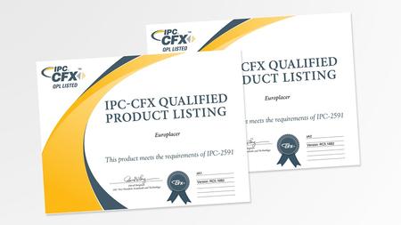 IPC CFX certifications for Europlacer ii-A1 and ii-A2 placement modules.